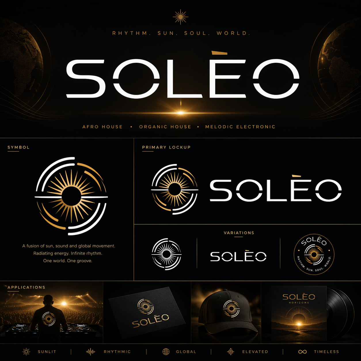 SOLÉO 2027 brand guide showing the white and gold logo, sun-and-sound symbol, primary lockup, logo variations and brand applications