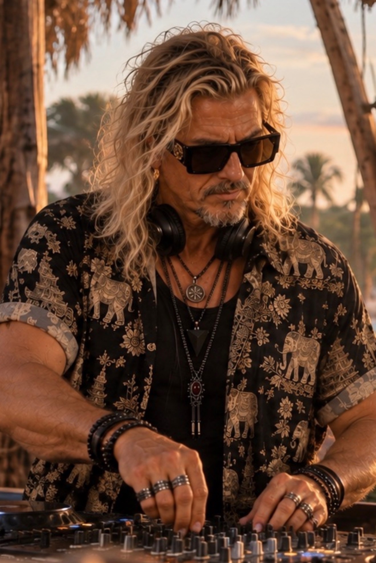 Close-up of SOLÉO wearing sunglasses, headphones and a black-and-gold patterned shirt while mixing at golden hour