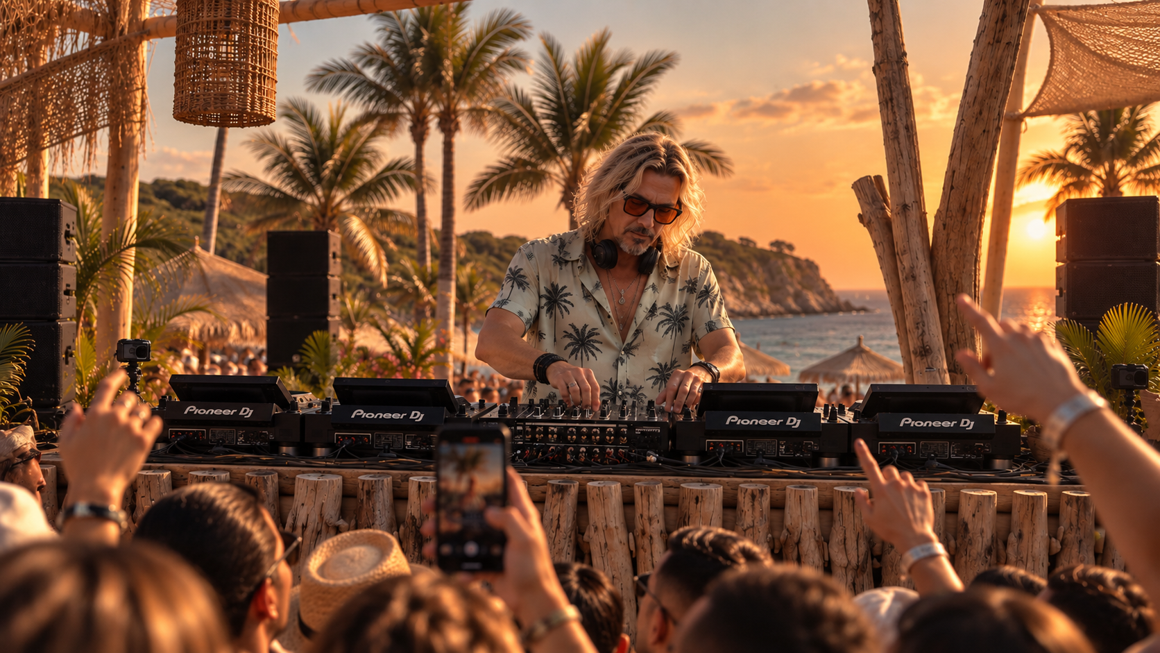 SOLÉO performing behind Pioneer DJ decks facing him, with a coastal crowd at sunset