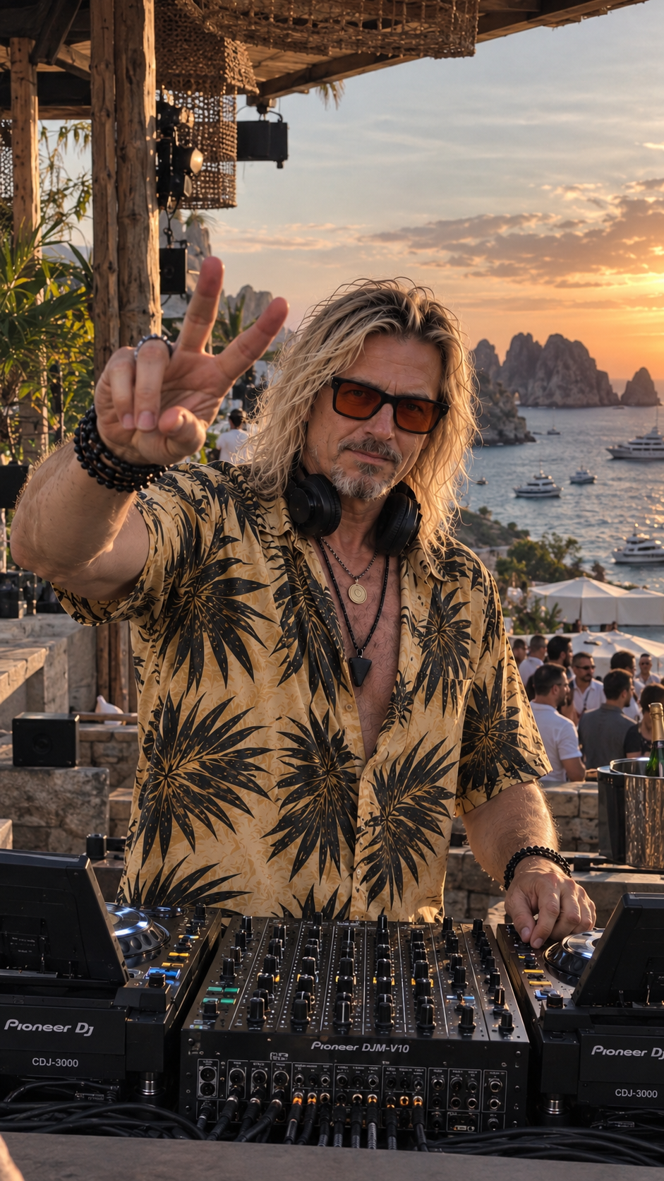 SOLÉO in amber glasses and a gold palm-print shirt, raising a peace sign at a DJ booth overlooking the sea at sunset